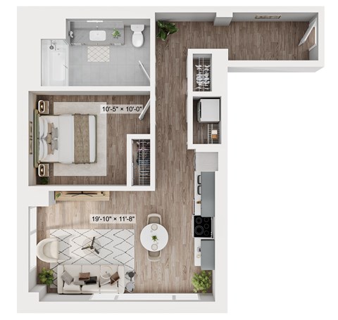 A floor plan of a small apartment with a kitchen, living room, and bathroom.